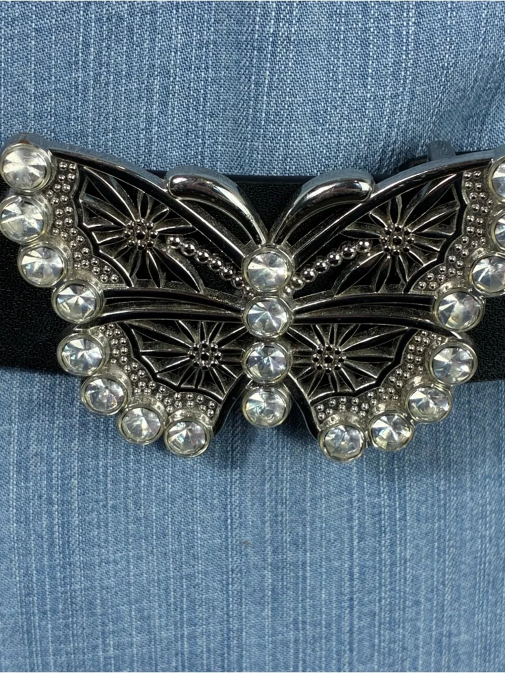 DIVIDED H&M Womens belt Rhinestone Butterfly Buckle Black faux leather 38” Y2K